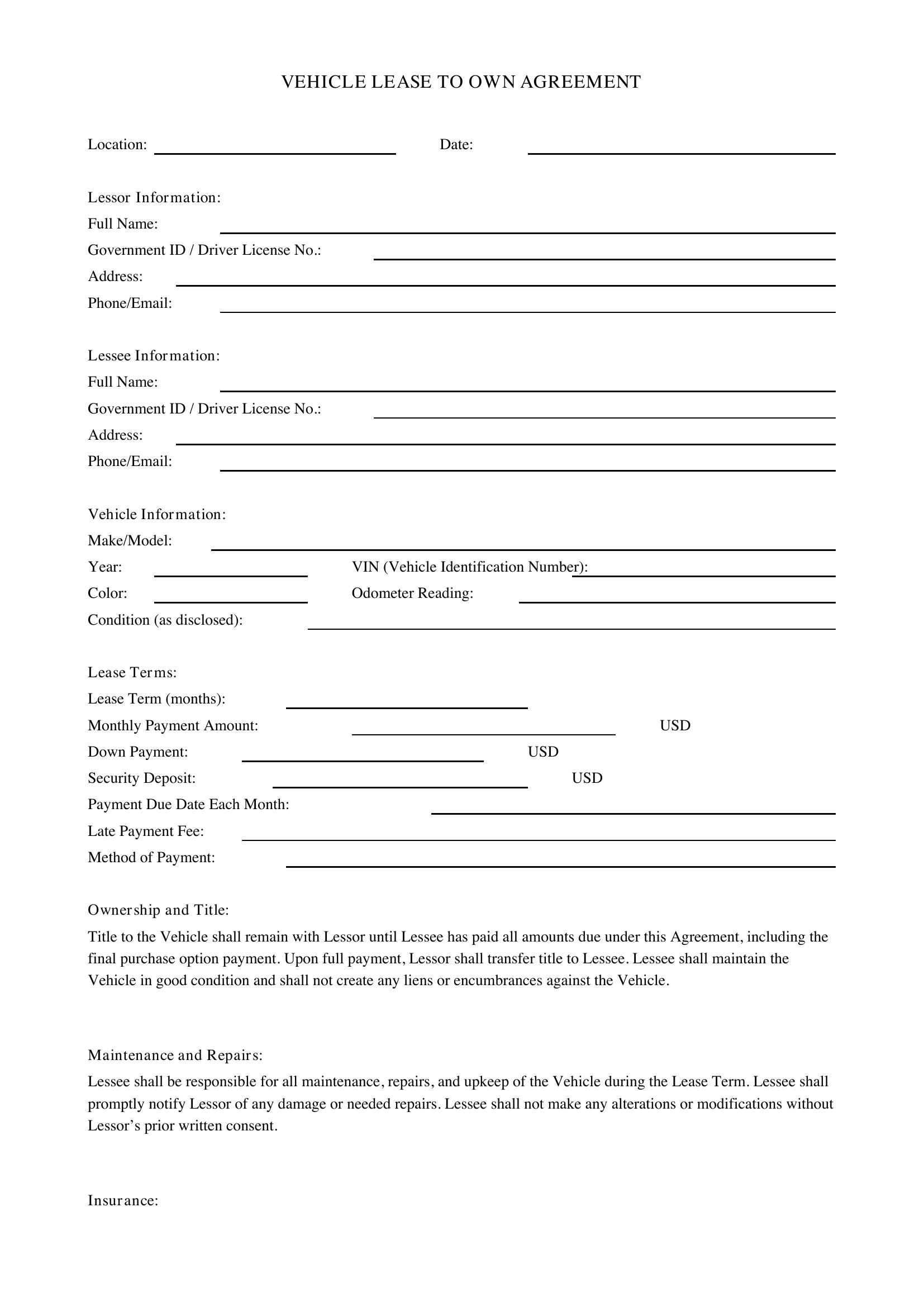 Vehicle Lease To Own Agreement Template - US