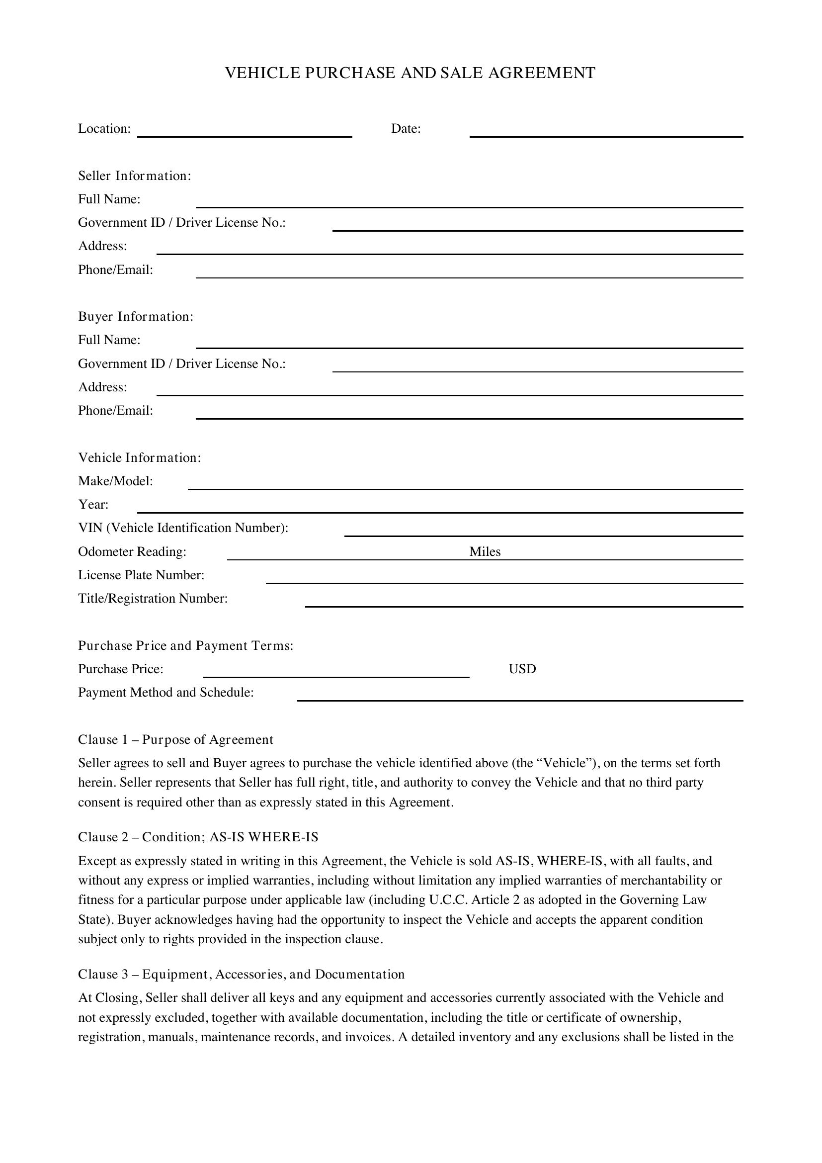 Vehicle Purchase Agreement Template - US