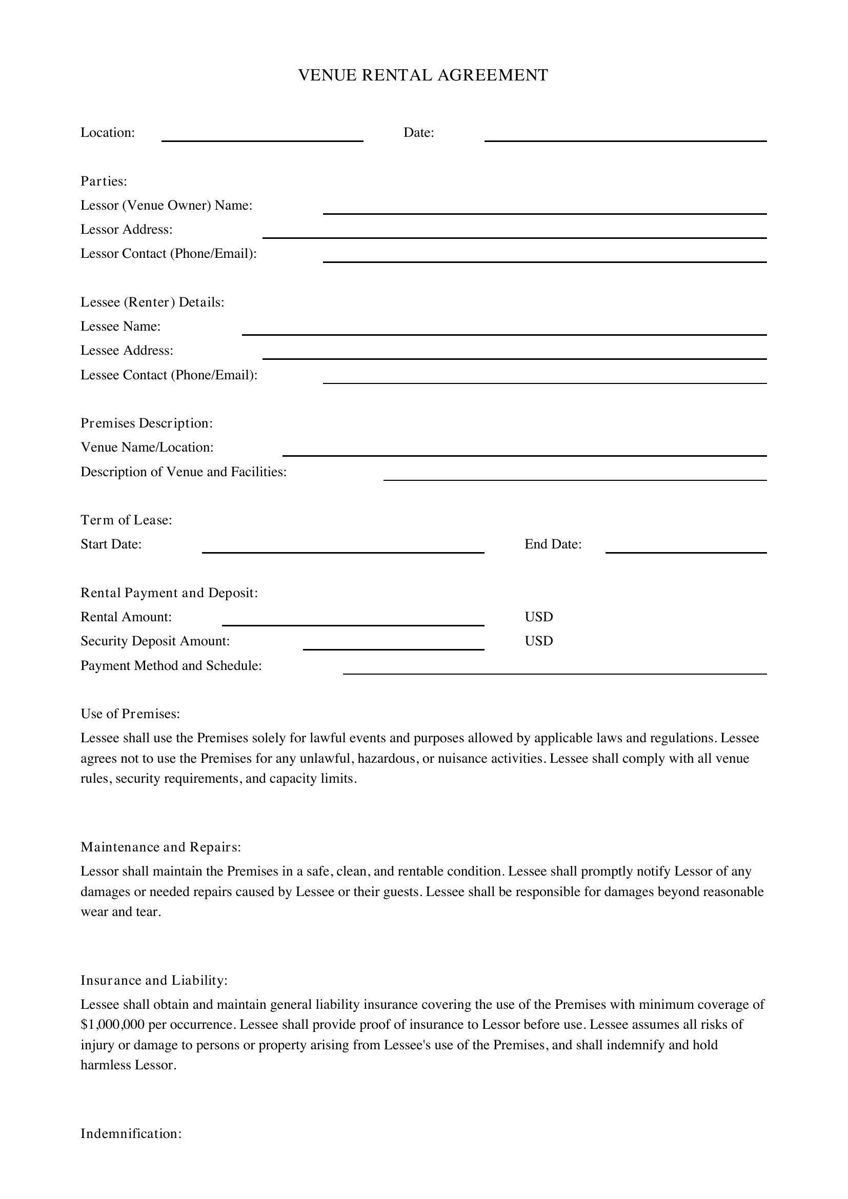 Venue Rental Agreement Template - US