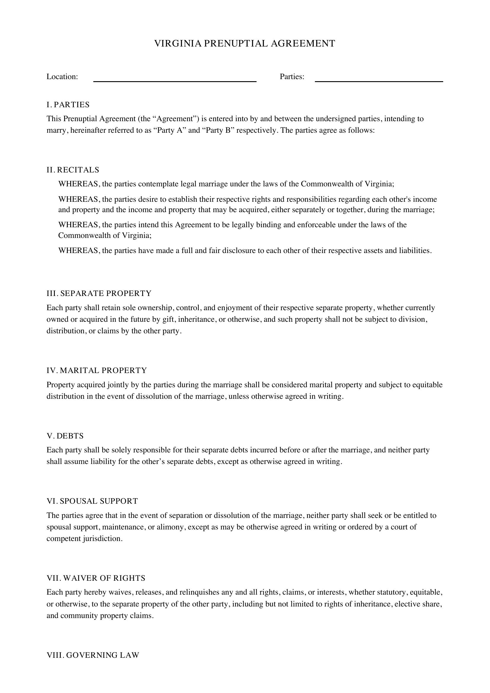Virginia Prenuptial Agreement Template - US