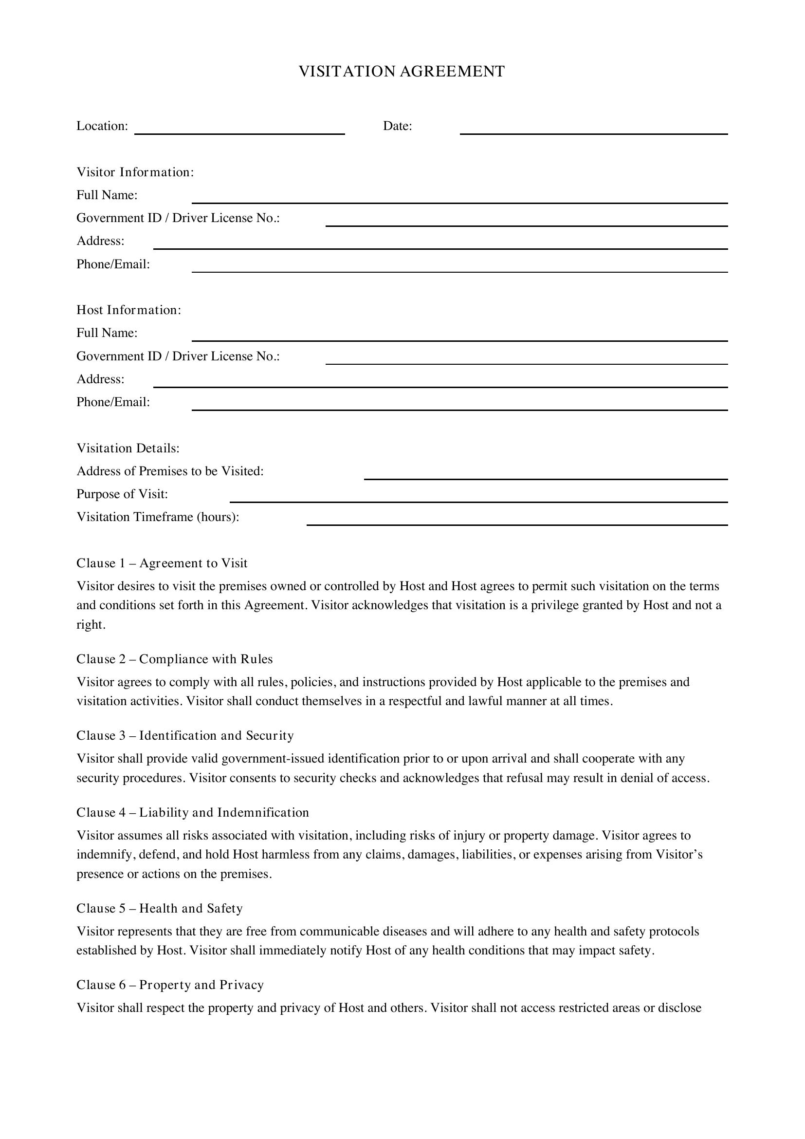 Visitation Agreement Template - US