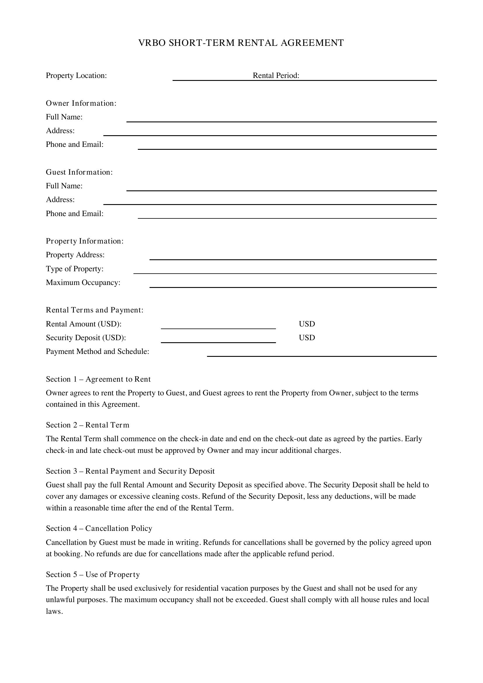 Vrbo Rental Agreement Template - US