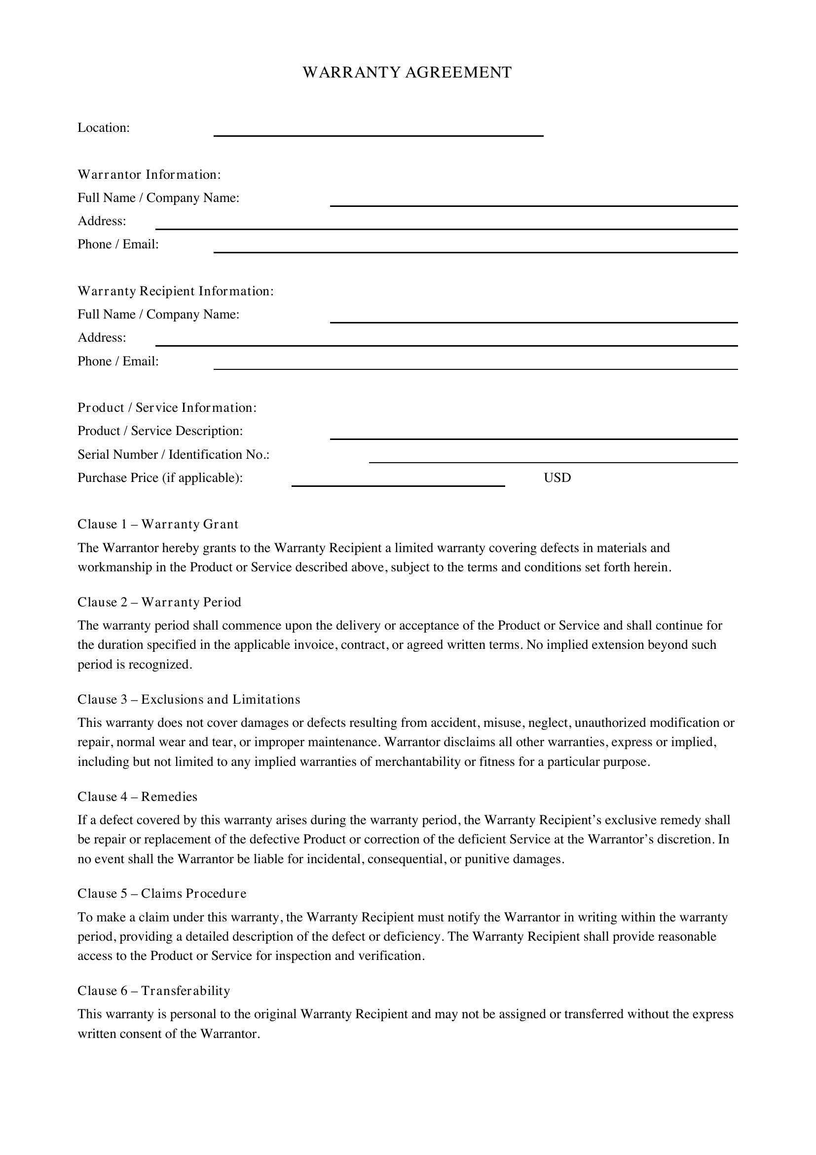 Warranty Agreement Template - US