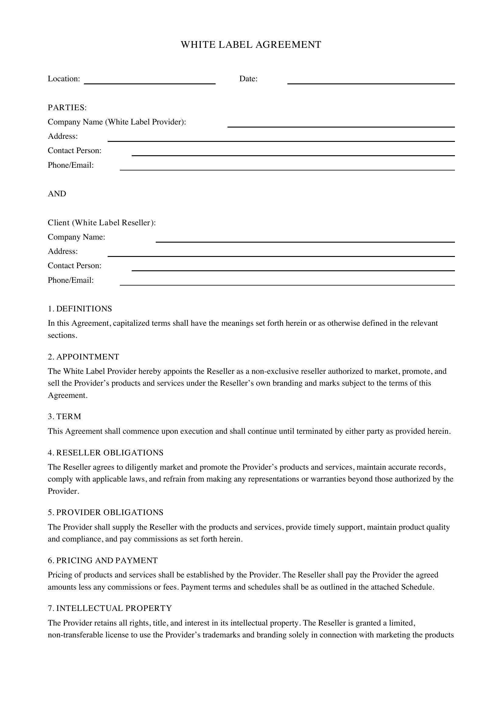 White Label Agreement Template - US