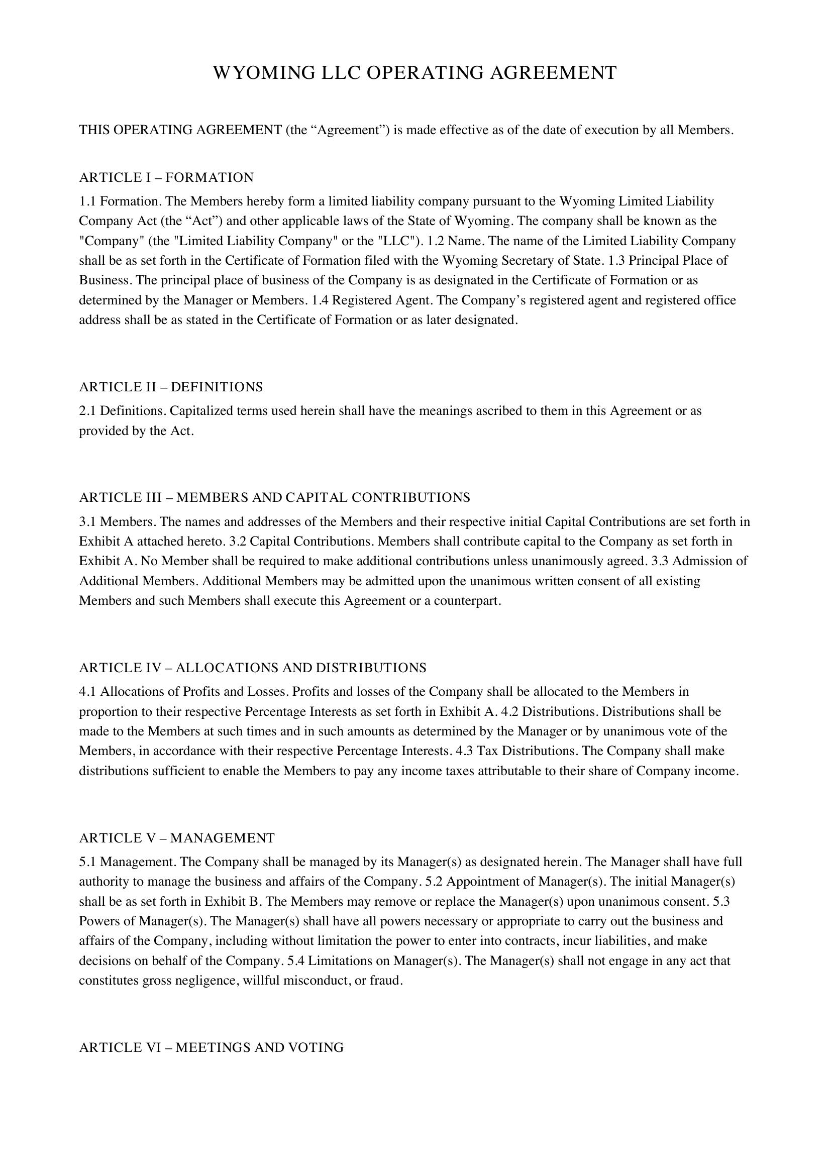 Wyoming Llc Operating Agreement Template - US